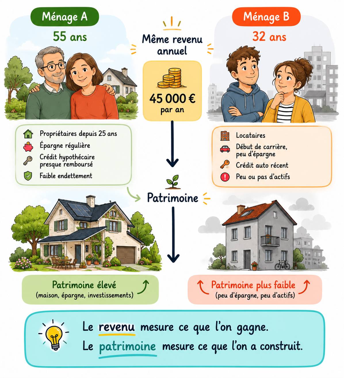 Deux ménages avec le même revenu mais des patrimoines différents