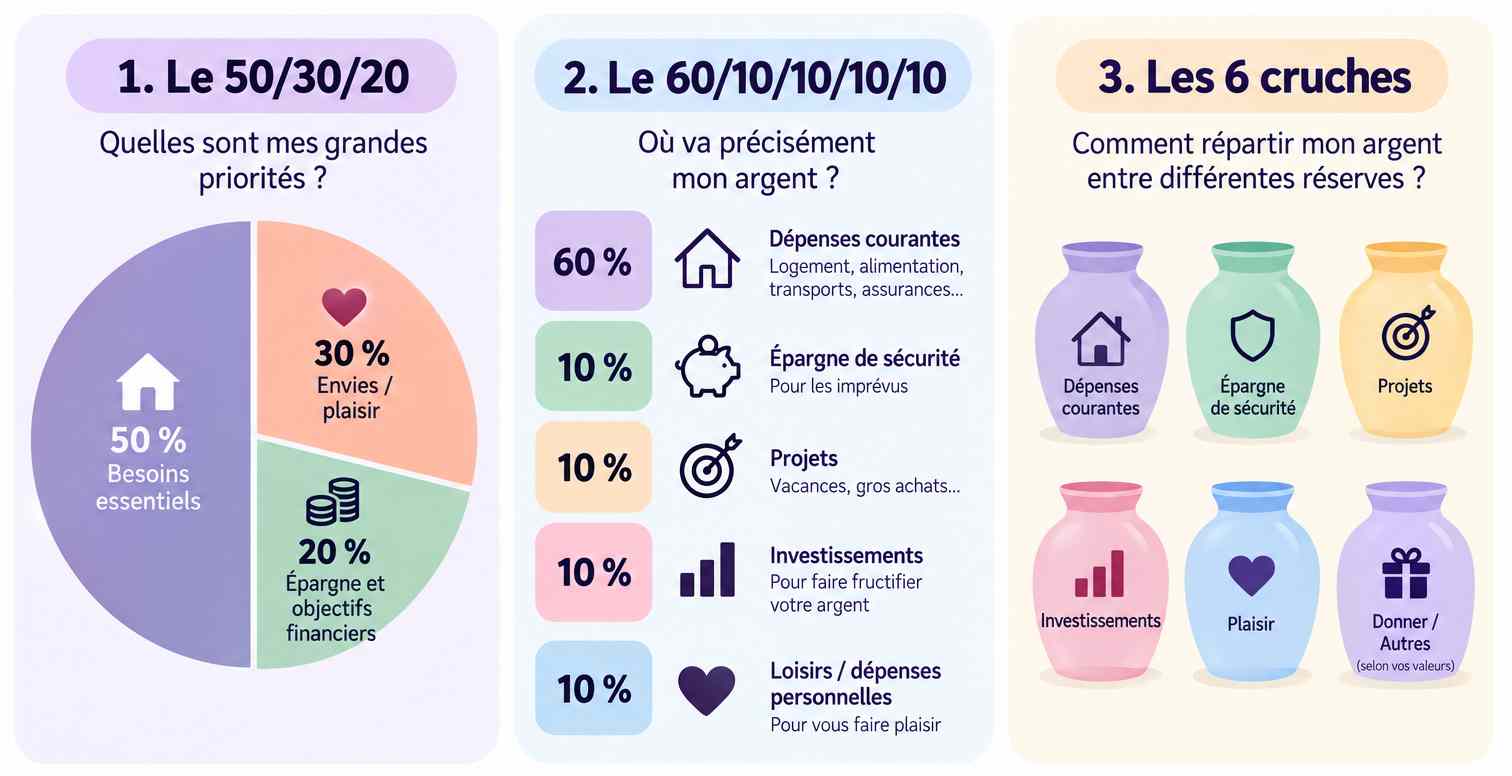 Trois façons de regarder un budget : 50/30/20, 60/10/10/10/10 et les 6 cruches